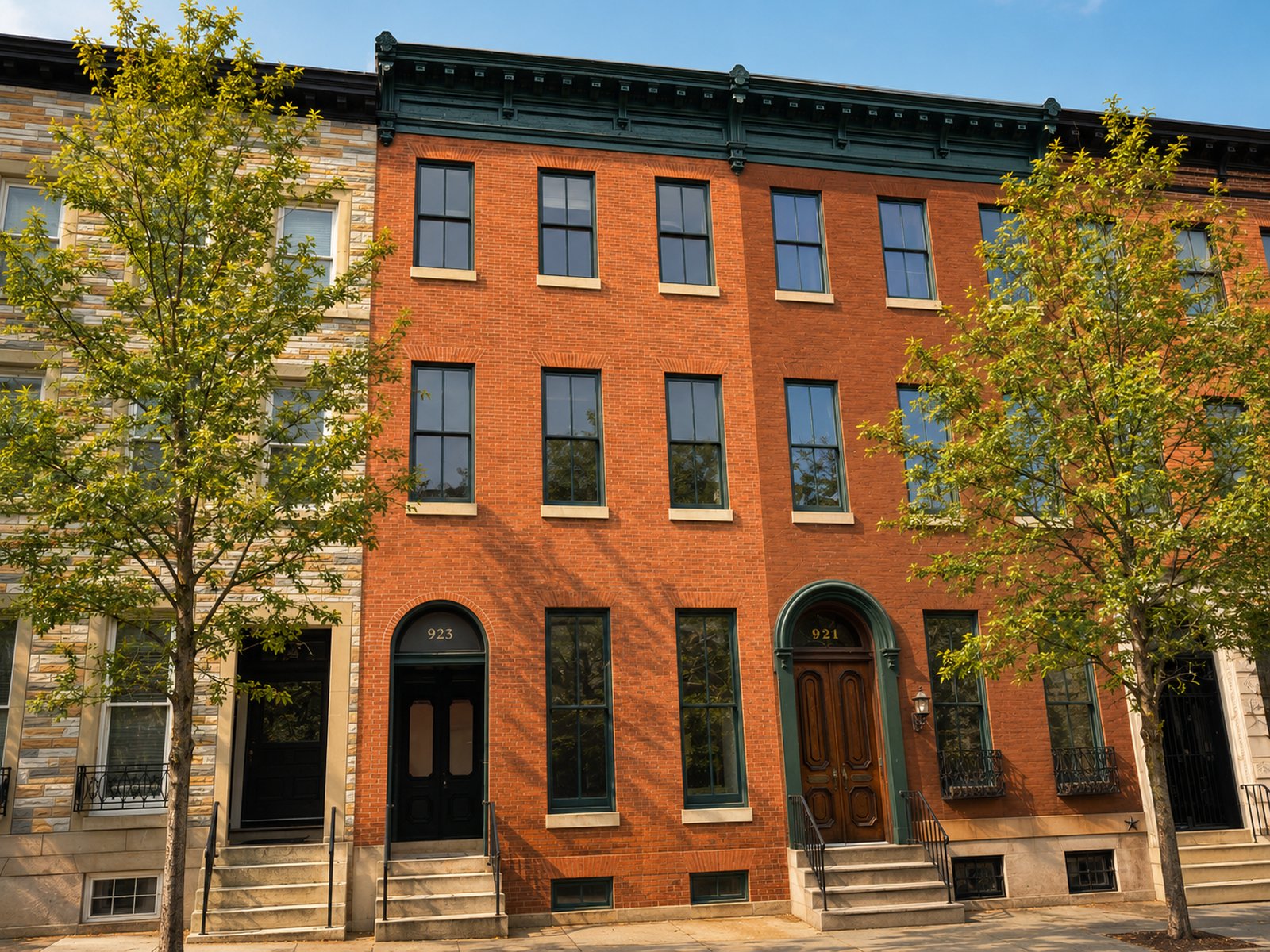 The red-brick facade of The Cal at 923 N. Calvert Street with arched entry and deep green cornice