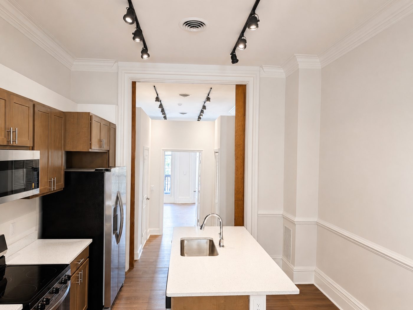 Historic door casings, crown molding, and chair rail detail